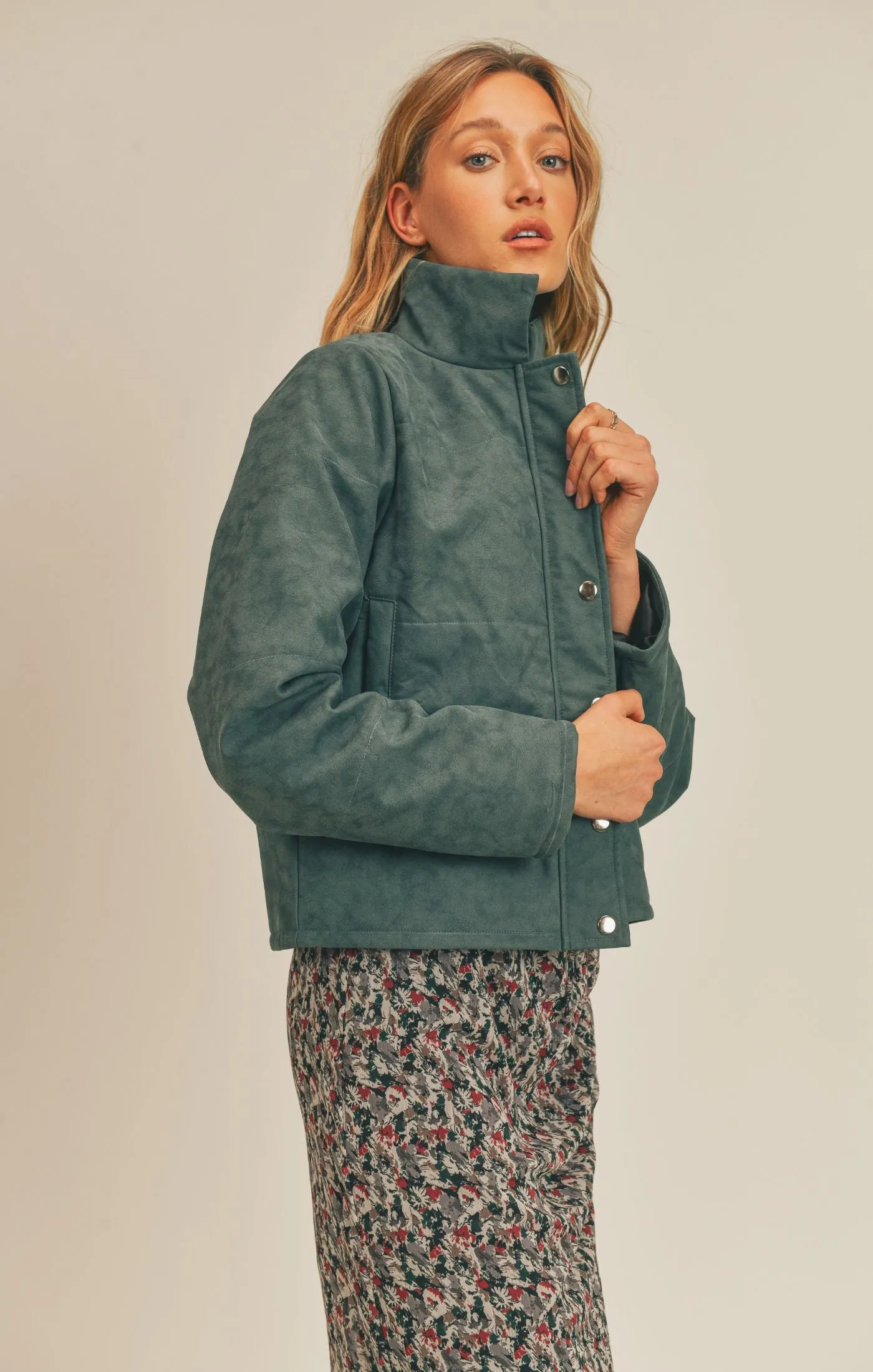 Hunter Green Faux Leather Check Out Puffer Jacket