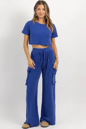 INDIGO RIBBED CARGO PANT SET