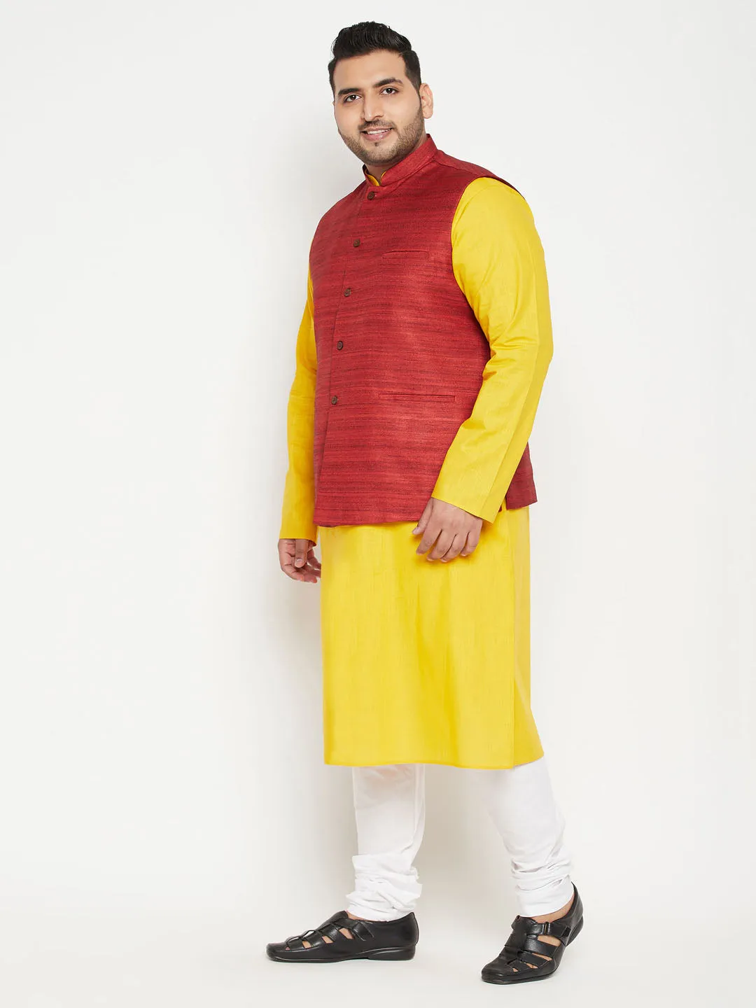 Jashvi Men's Plus Size Mustard and Maroon Cotton Blend Jacket Kurta Pyjama Set