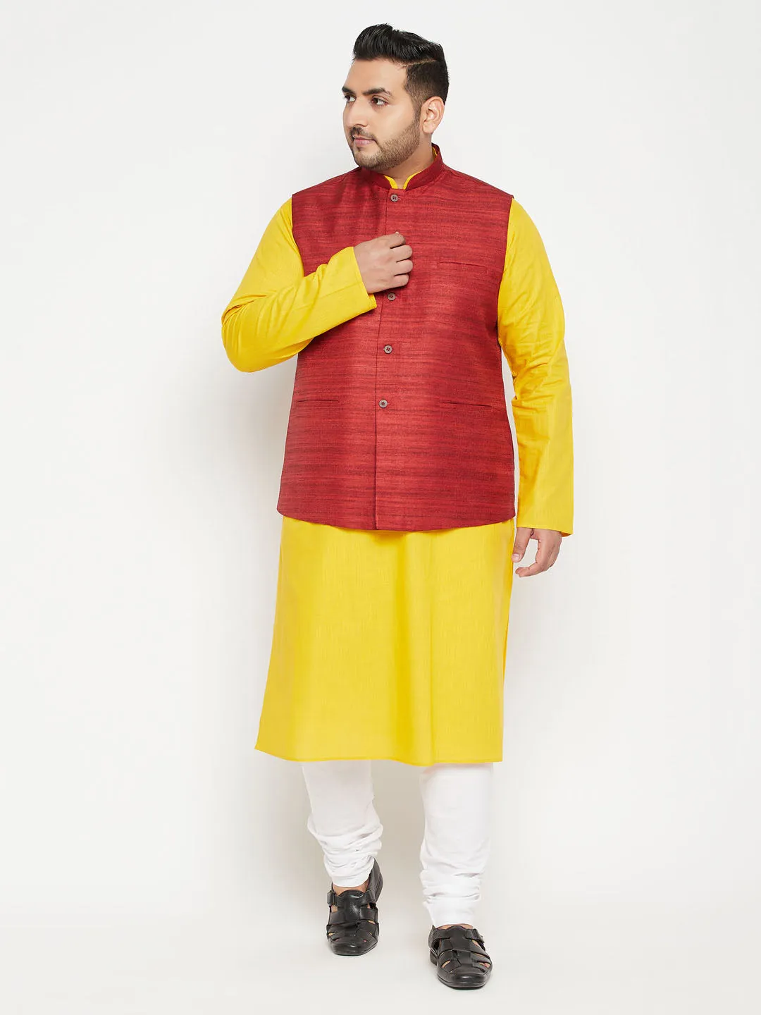 Jashvi Men's Plus Size Mustard and Maroon Cotton Blend Jacket Kurta Pyjama Set