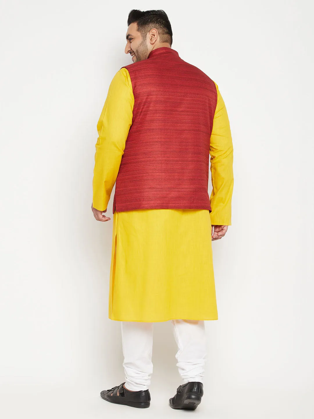 Jashvi Men's Plus Size Mustard and Maroon Cotton Blend Jacket Kurta Pyjama Set