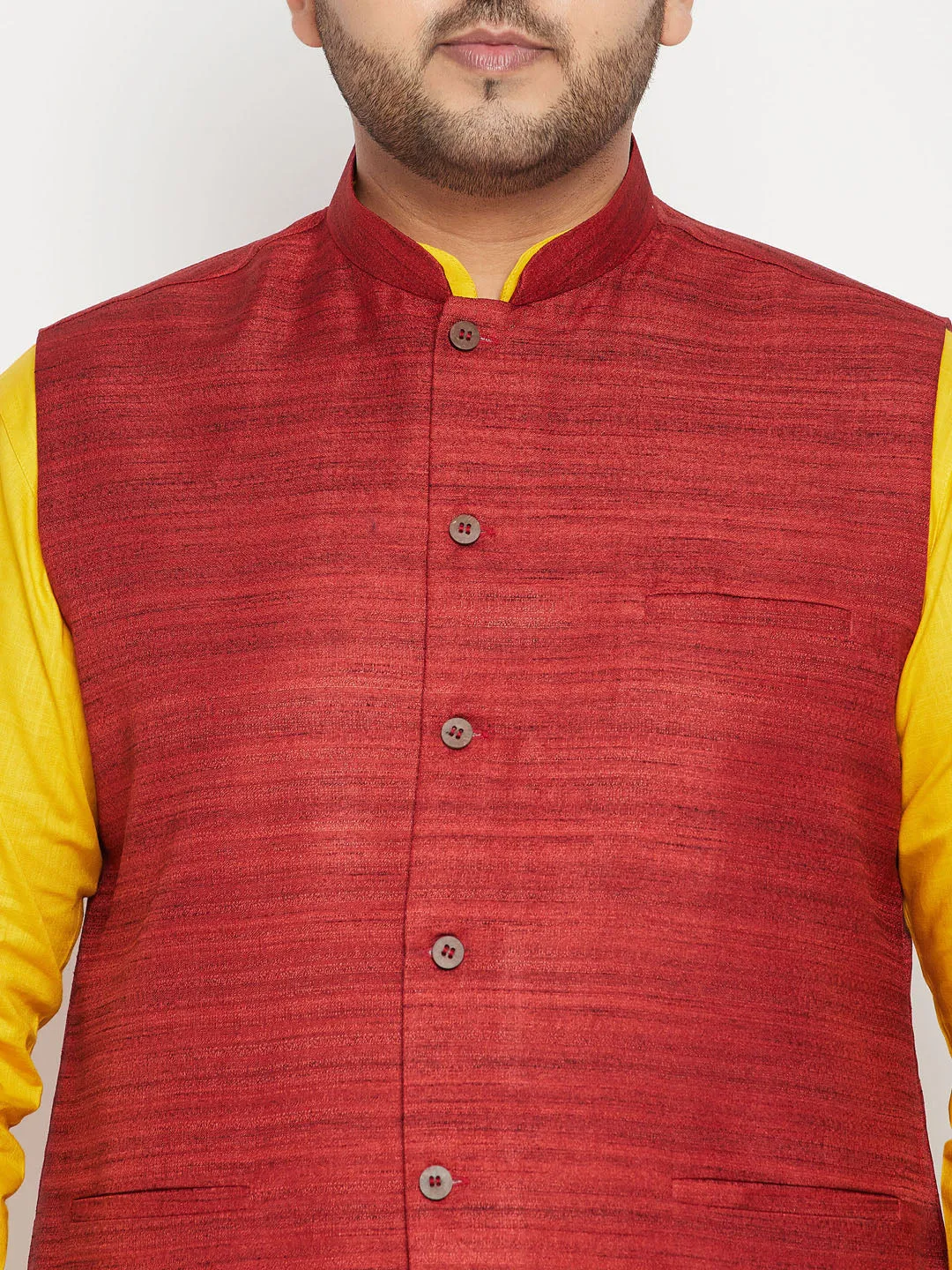 Jashvi Men's Plus Size Mustard and Maroon Cotton Blend Jacket Kurta Pyjama Set