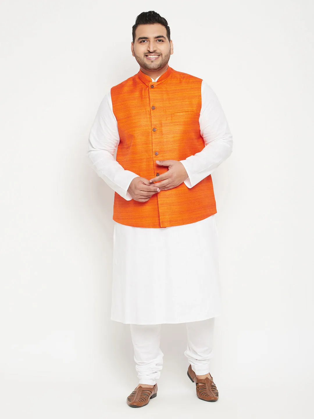 Jashvi Men's Plus Size White and Orange Cotton Blend Jacket Kurta Pyjama Set