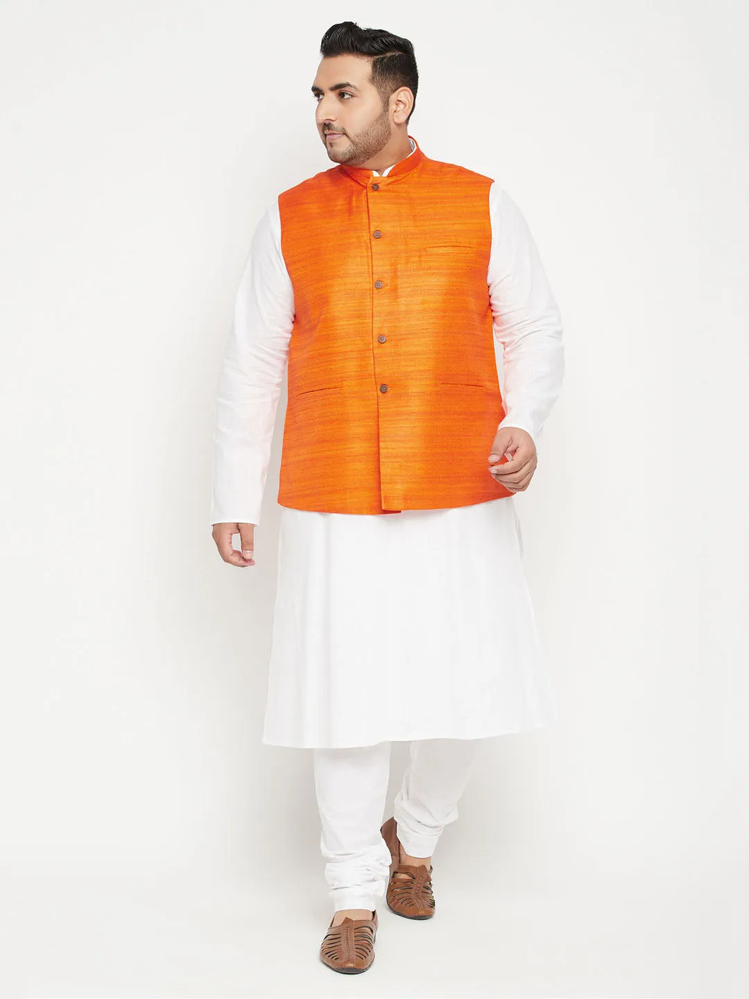 Jashvi Men's Plus Size White and Orange Cotton Blend Jacket Kurta Pyjama Set