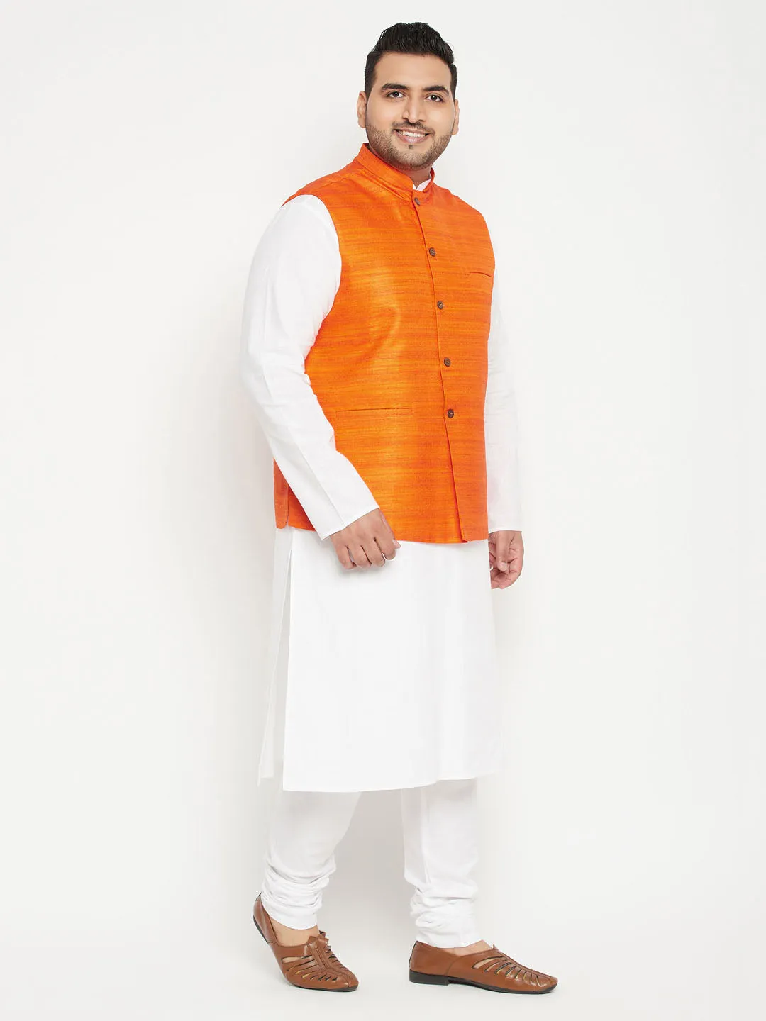 Jashvi Men's Plus Size White and Orange Cotton Blend Jacket Kurta Pyjama Set