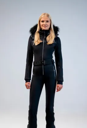 Kelly by Sissy Snowbell Softshell One Piece Ski Suit in Black with Fur