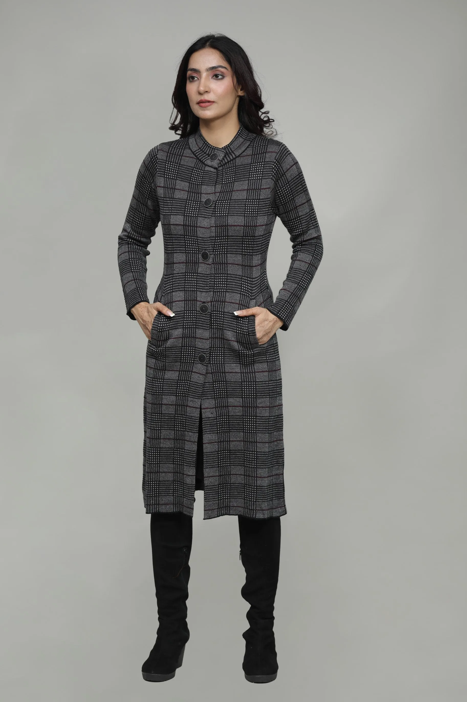 Knitted Check Round Neck Long Coat For Women