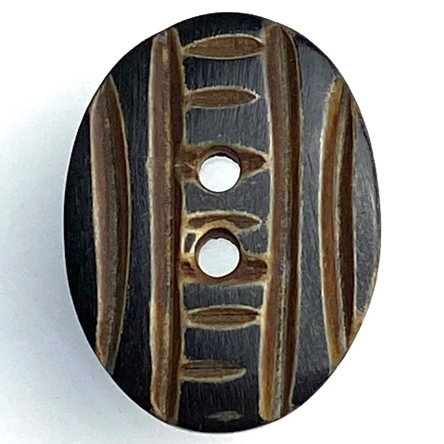 Kyoto Black/Brown Oval, Carved Horn Button   1" x 3/4".   #SK-714