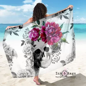 Large Sheer Pink Watercolor Flower Skull Scarf, Sarong, Shawl