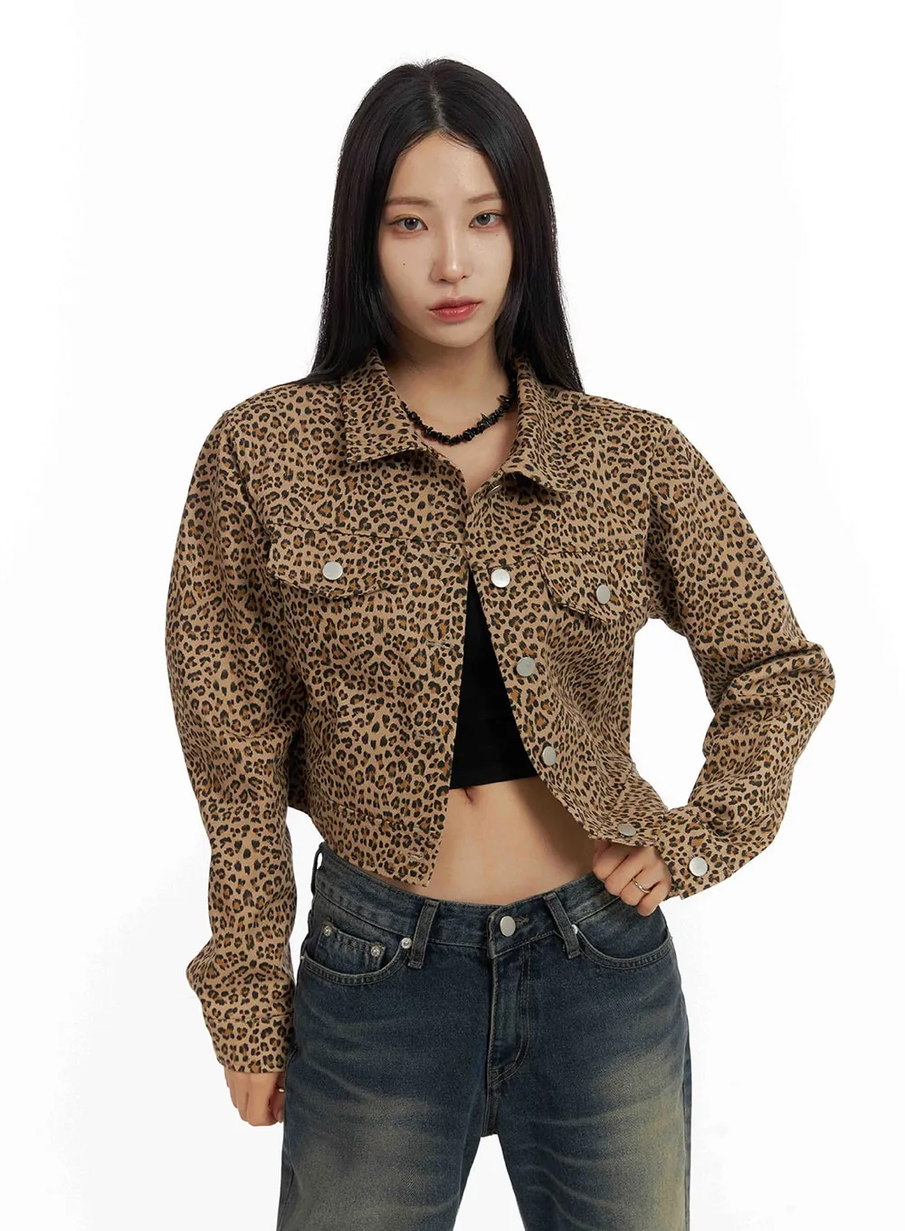 Leopard Buttoned Crop Jacket CF429