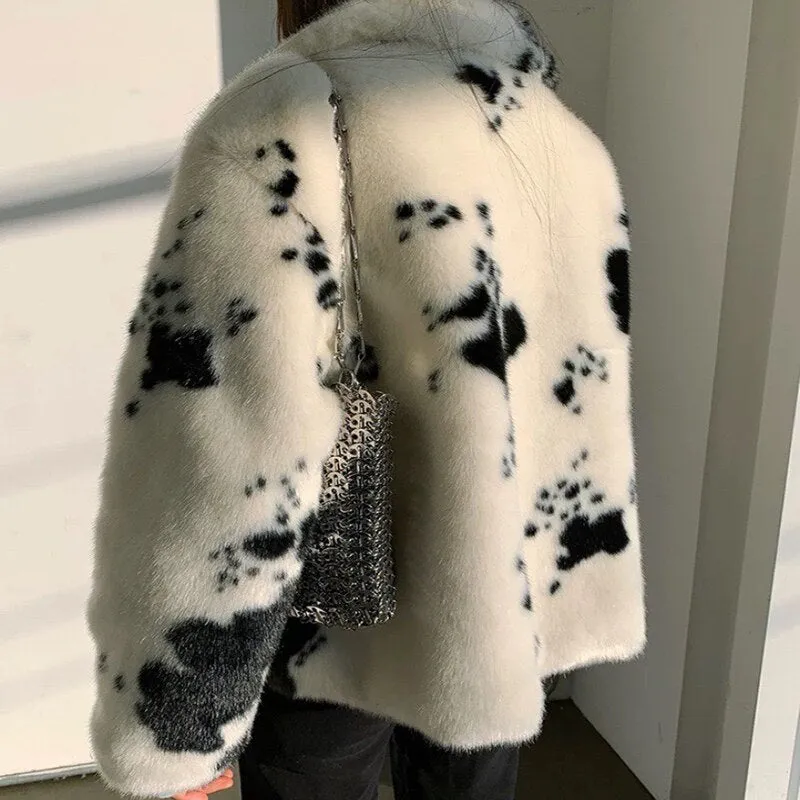 'Lianne' Black and White Cow Print Faux Fur Coat