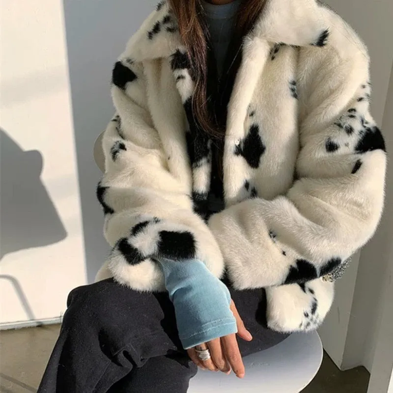 'Lianne' Black and White Cow Print Faux Fur Coat