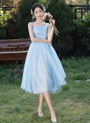 Light Blue Straps Organza Short Party Dress, Light Blue Homecoming Dress