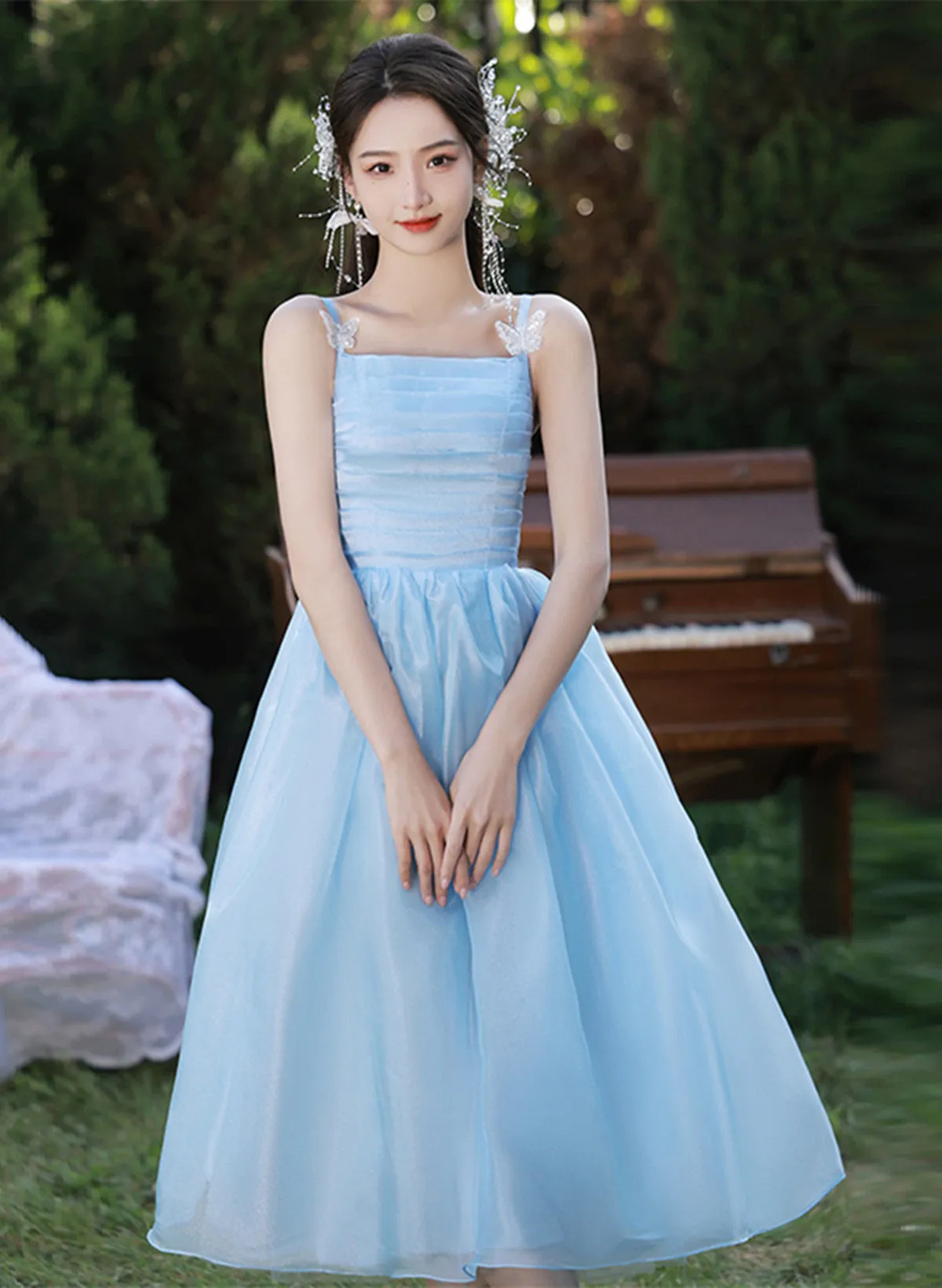 Light Blue Straps Organza Short Party Dress, Light Blue Homecoming Dress