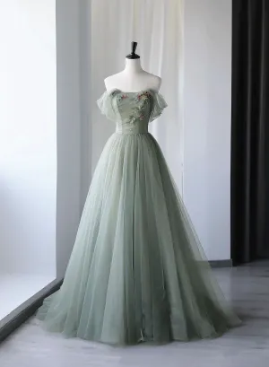 Light Green Sweetheart Beaded and Flowers Party Dress, Tulle Green Formal Dress