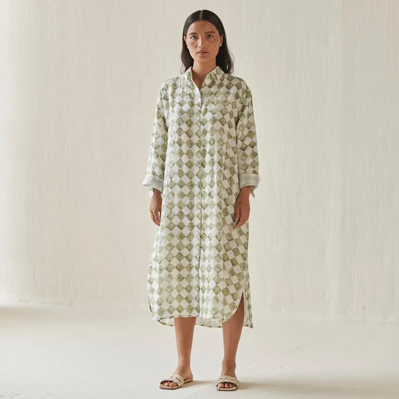 Linen Dress For Women | Shirt Style | Checkered Print | Green