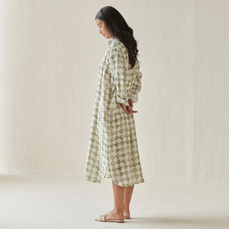 Linen Dress For Women | Shirt Style | Checkered Print | Green