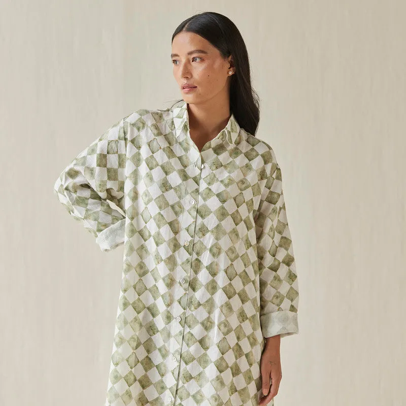 Linen Dress For Women | Shirt Style | Checkered Print | Green