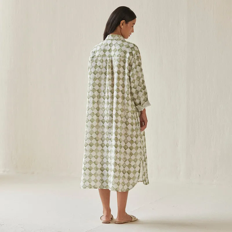 Linen Dress For Women | Shirt Style | Checkered Print | Green