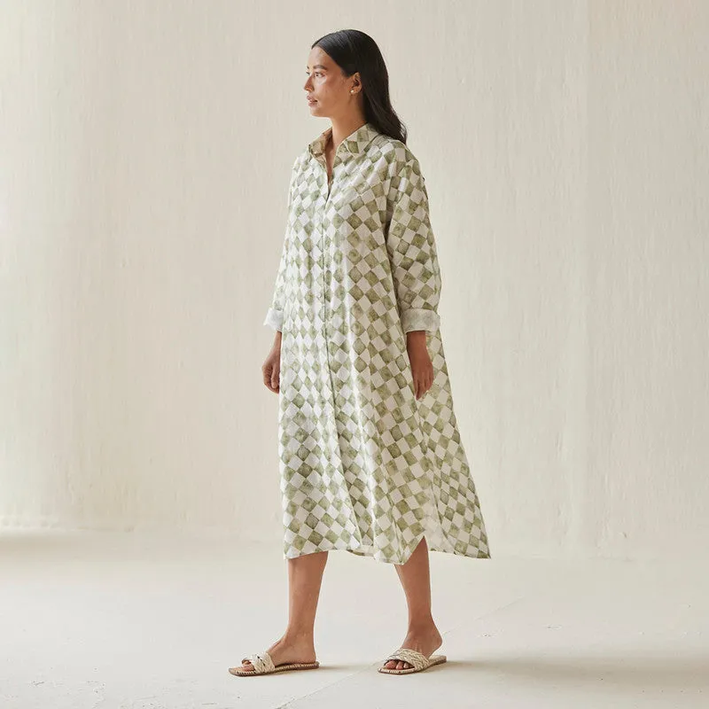 Linen Dress For Women | Shirt Style | Checkered Print | Green