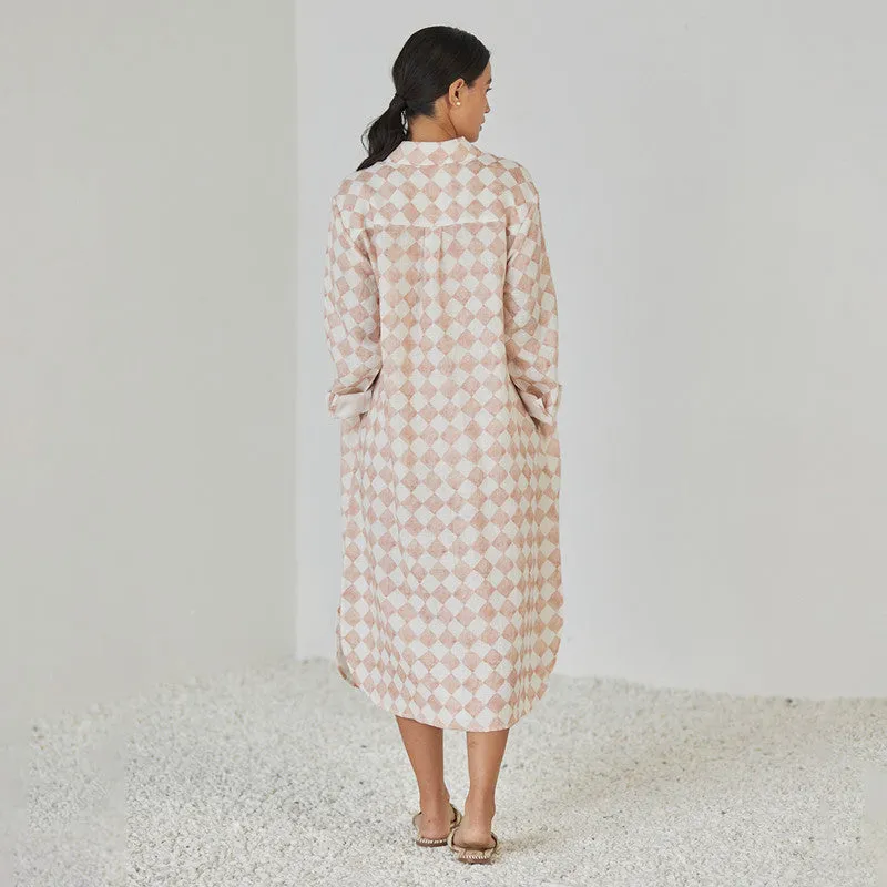 Linen Dress For Women | Shirt Style | Checkered Print | Pink