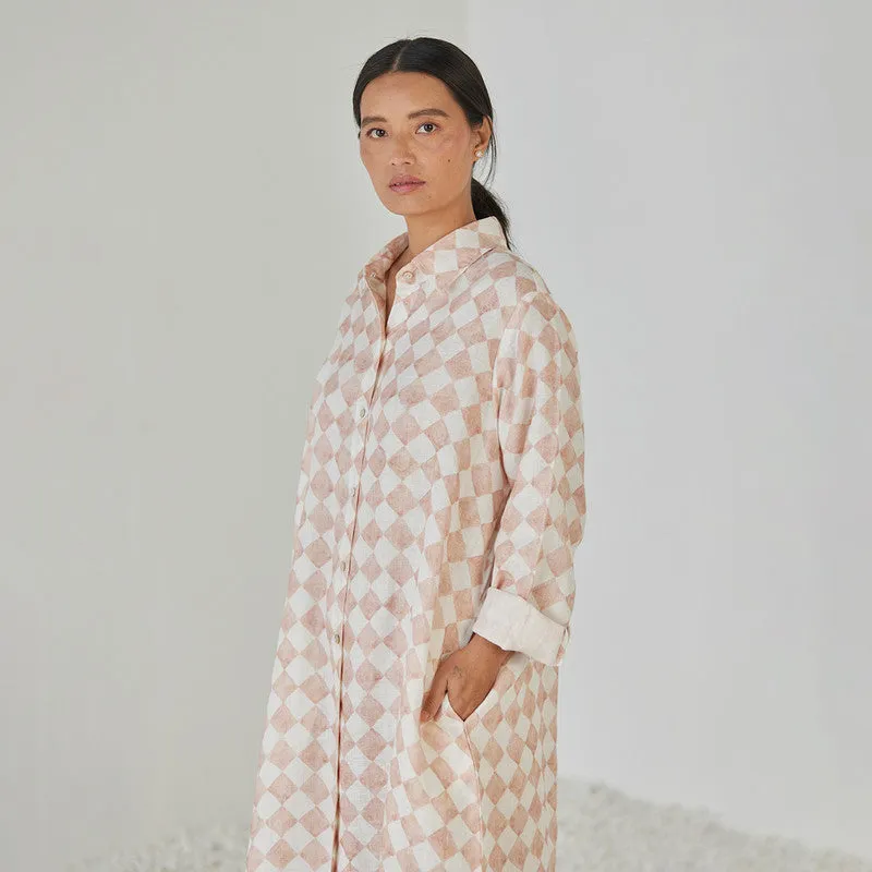 Linen Dress For Women | Shirt Style | Checkered Print | Pink