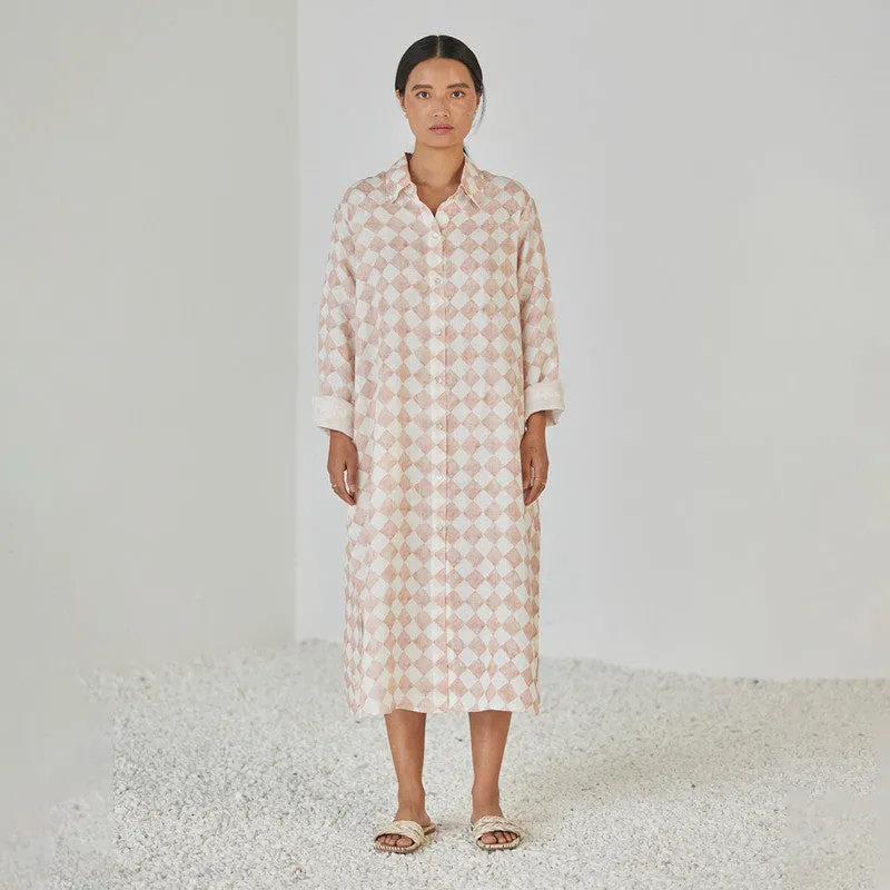 Linen Dress For Women | Shirt Style | Checkered Print | Pink