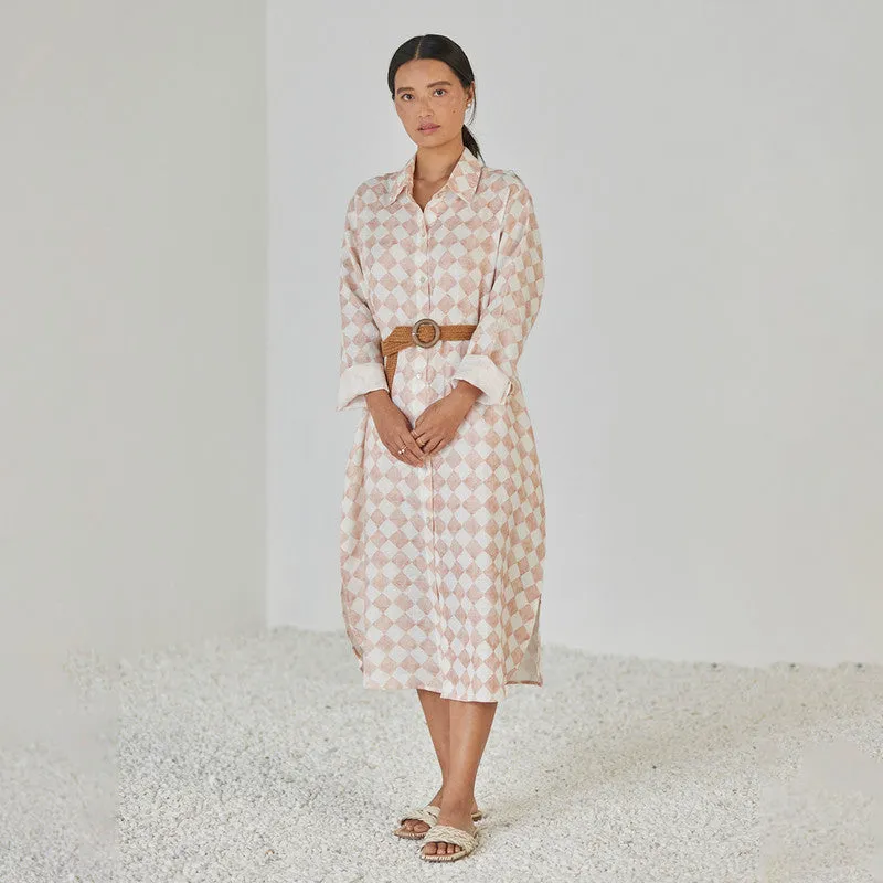 Linen Dress For Women | Shirt Style | Checkered Print | Pink