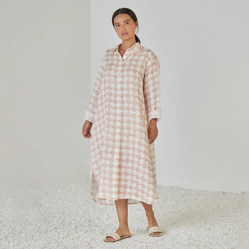 Linen Dress For Women | Shirt Style | Checkered Print | Pink