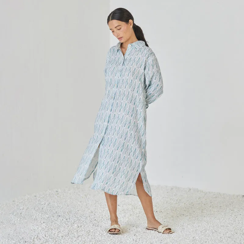 Linen Dress For Women | Shirt Style | Watercolour Print | Blue