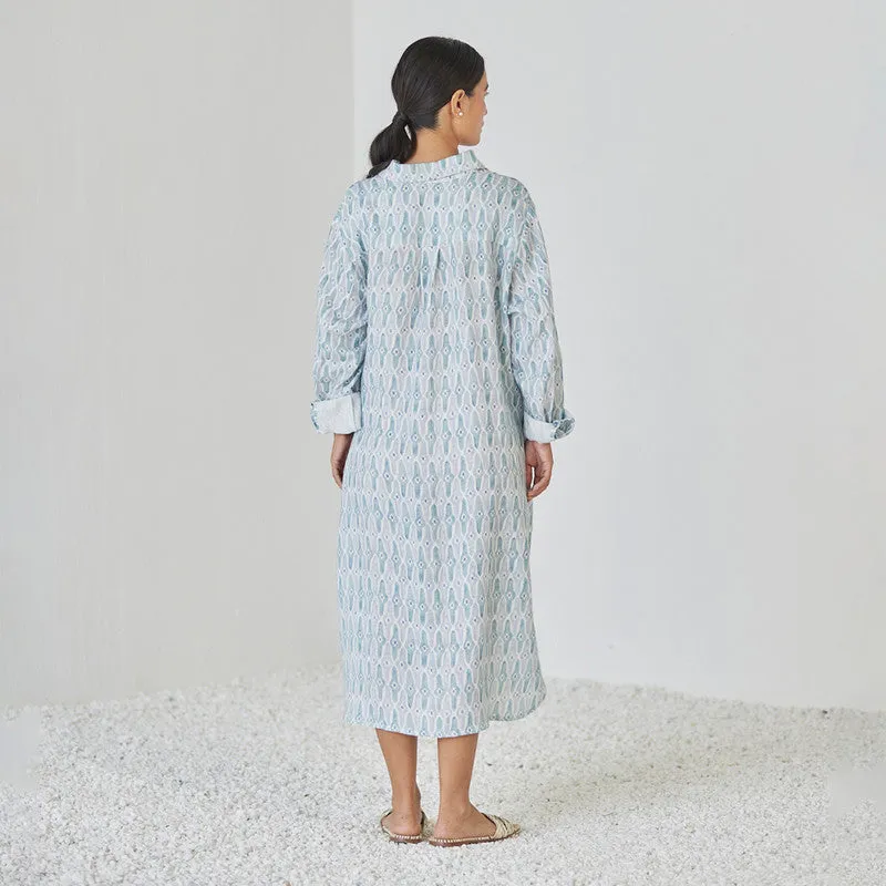 Linen Dress For Women | Shirt Style | Watercolour Print | Blue