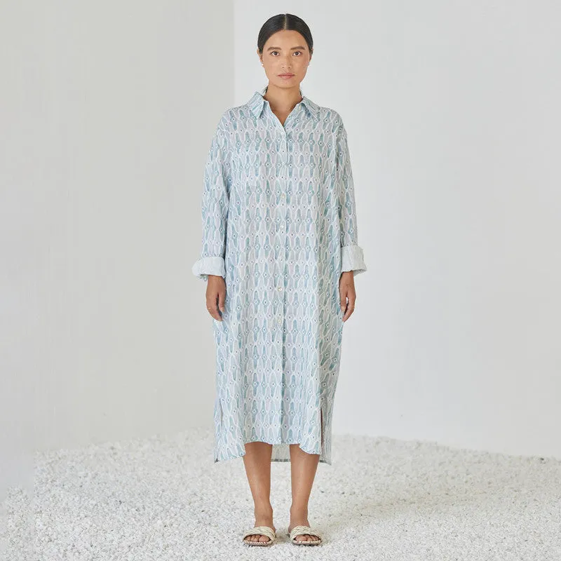 Linen Dress For Women | Shirt Style | Watercolour Print | Blue