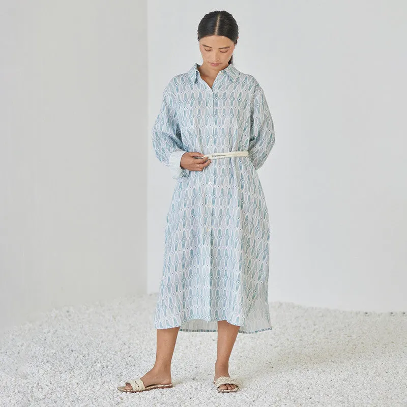 Linen Dress For Women | Shirt Style | Watercolour Print | Blue