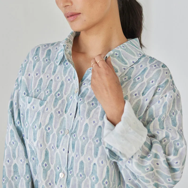 Linen Dress For Women | Shirt Style | Watercolour Print | Blue