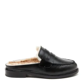 Lock Black Faux Fur Loafer Mules