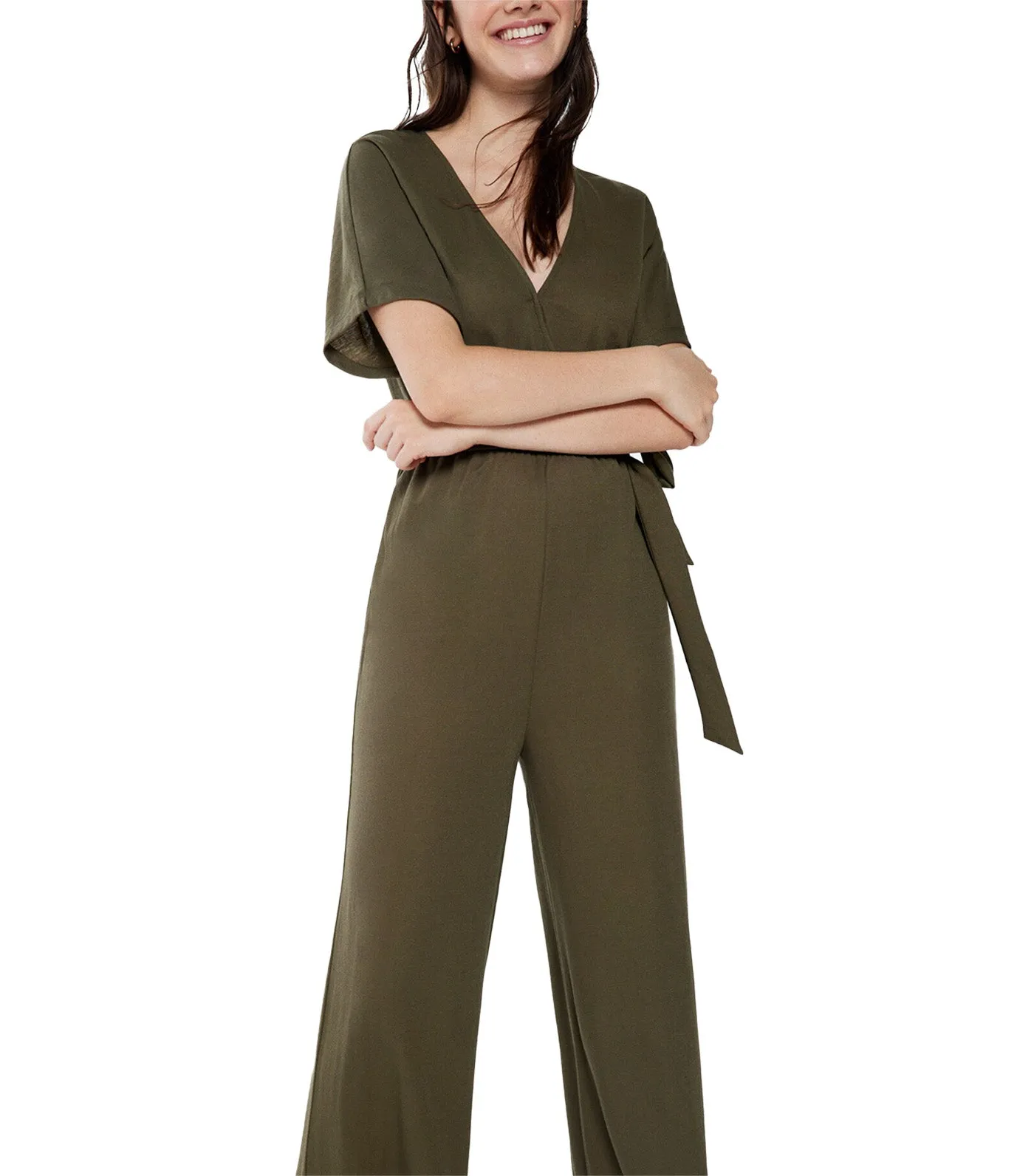 Long Jumpsuit with Crossover Neckline Green