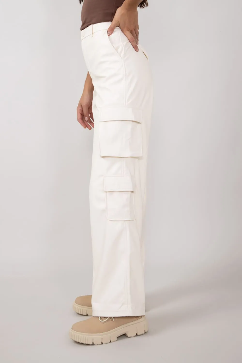 Love Tree Pleather Cargo Pants for Women in Ivory | 6939PN-IVORY