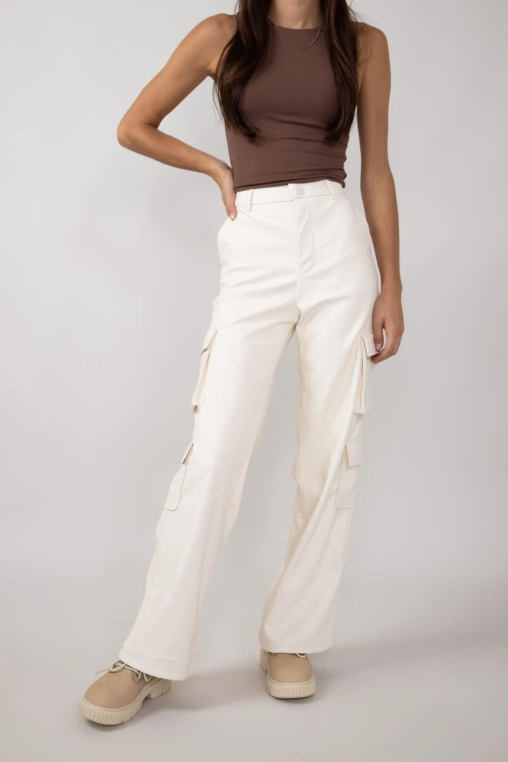 Love Tree Pleather Cargo Pants for Women in Ivory | 6939PN-IVORY