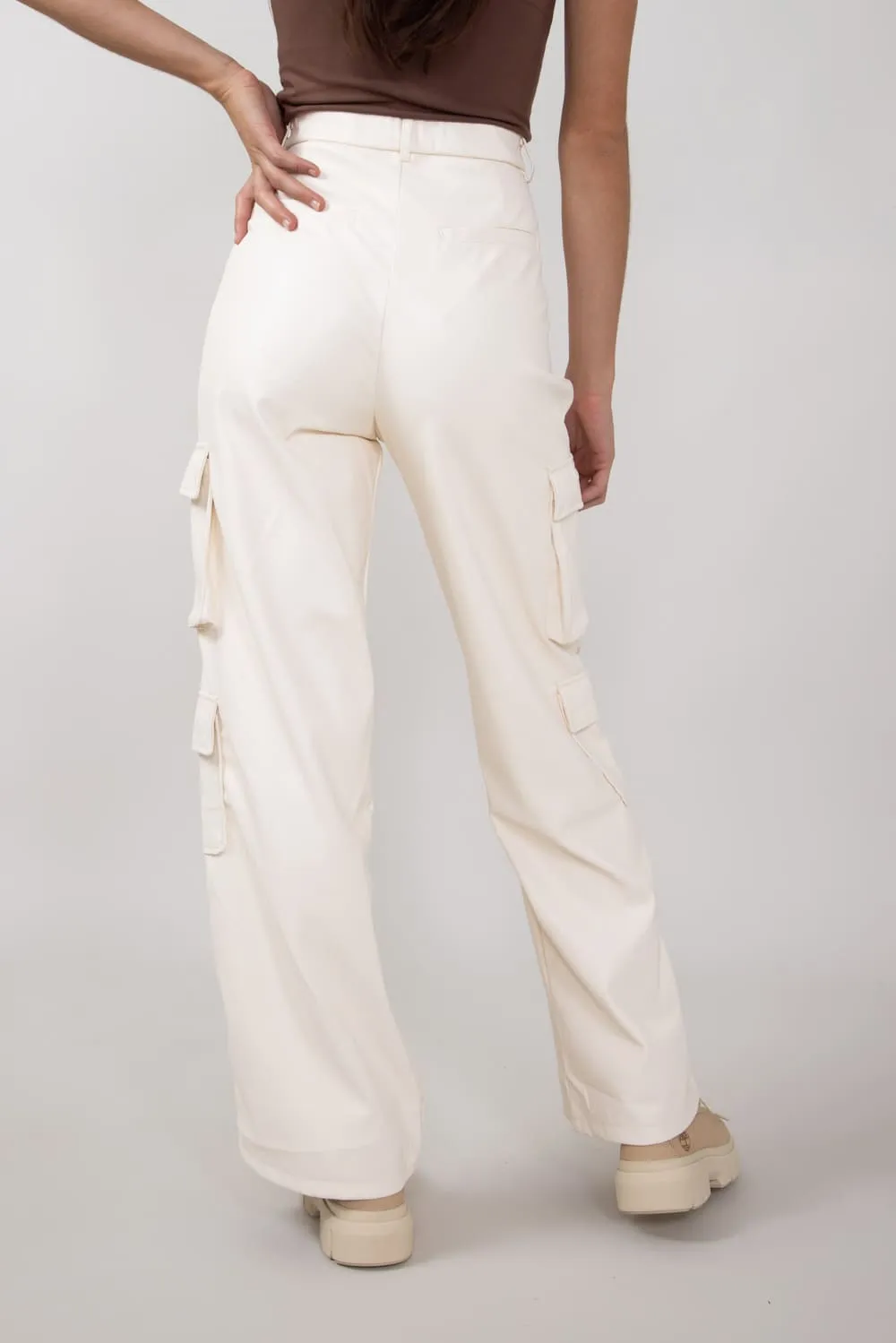 Love Tree Pleather Cargo Pants for Women in Ivory | 6939PN-IVORY