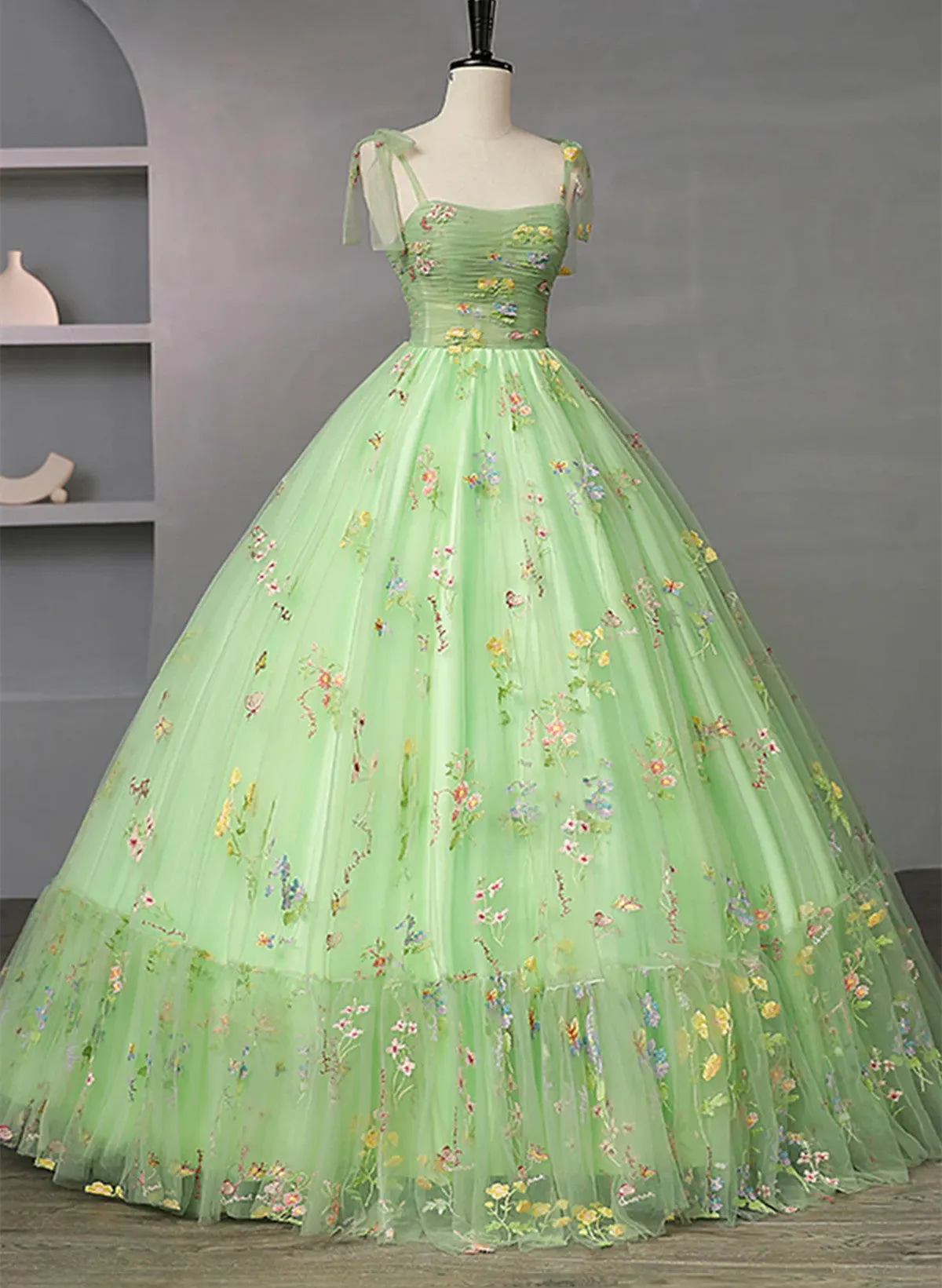 Lovely Light Green Floral Tulle Straps Long Formal Dress, Light Green Prom Dress