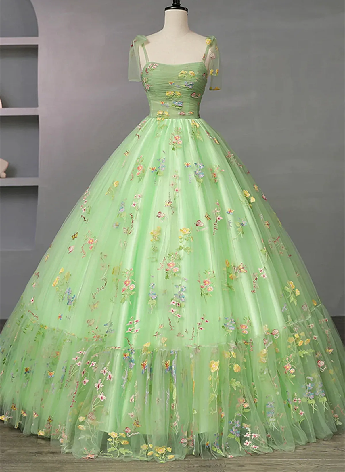 Lovely Light Green Floral Tulle Straps Long Formal Dress, Light Green Prom Dress