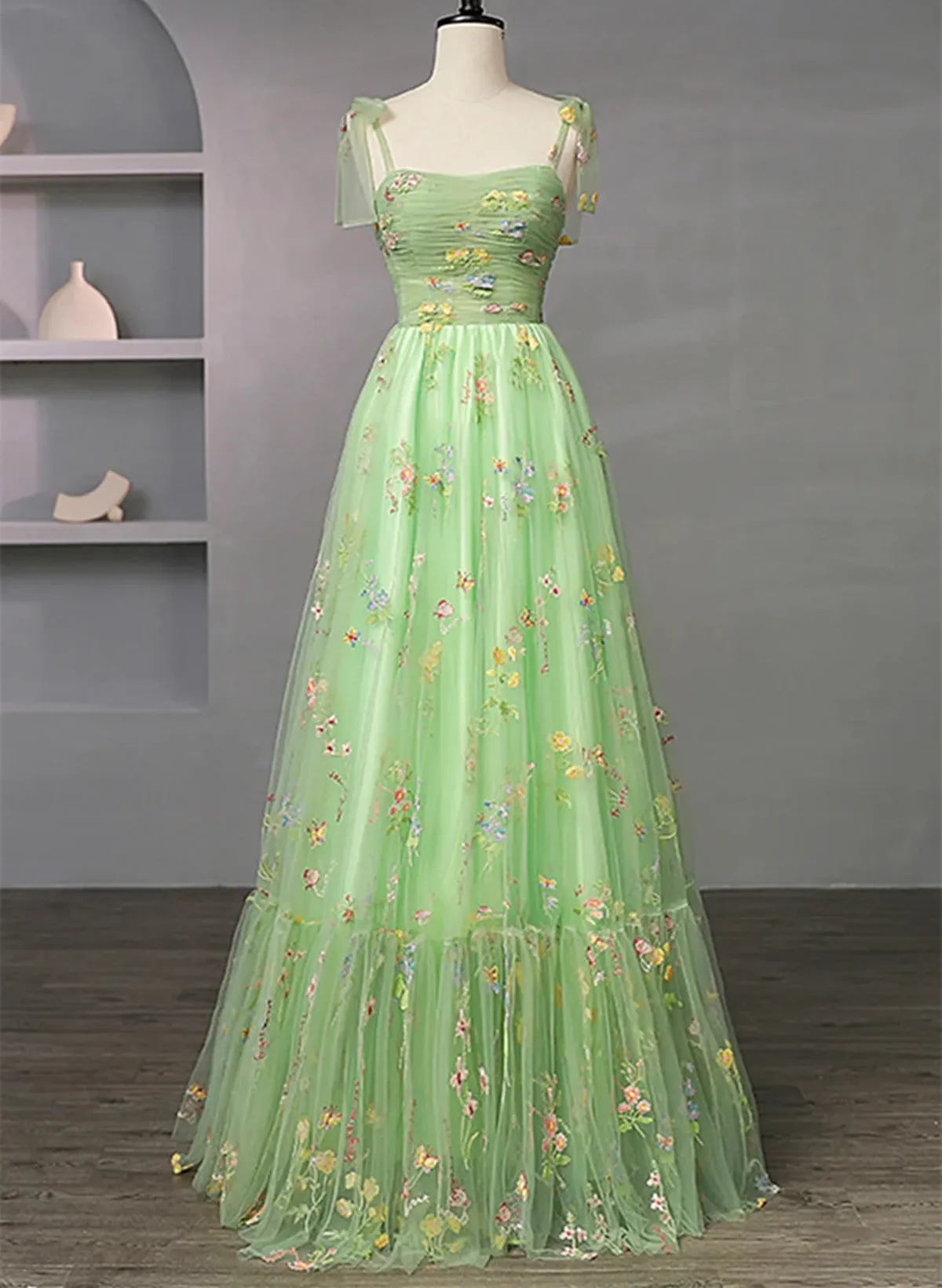 Lovely Light Green Floral Tulle Straps Long Formal Dress, Light Green Prom Dress