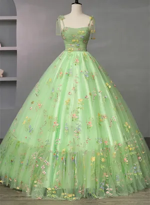 Lovely Light Green Floral Tulle Straps Long Formal Dress, Light Green Prom Dress