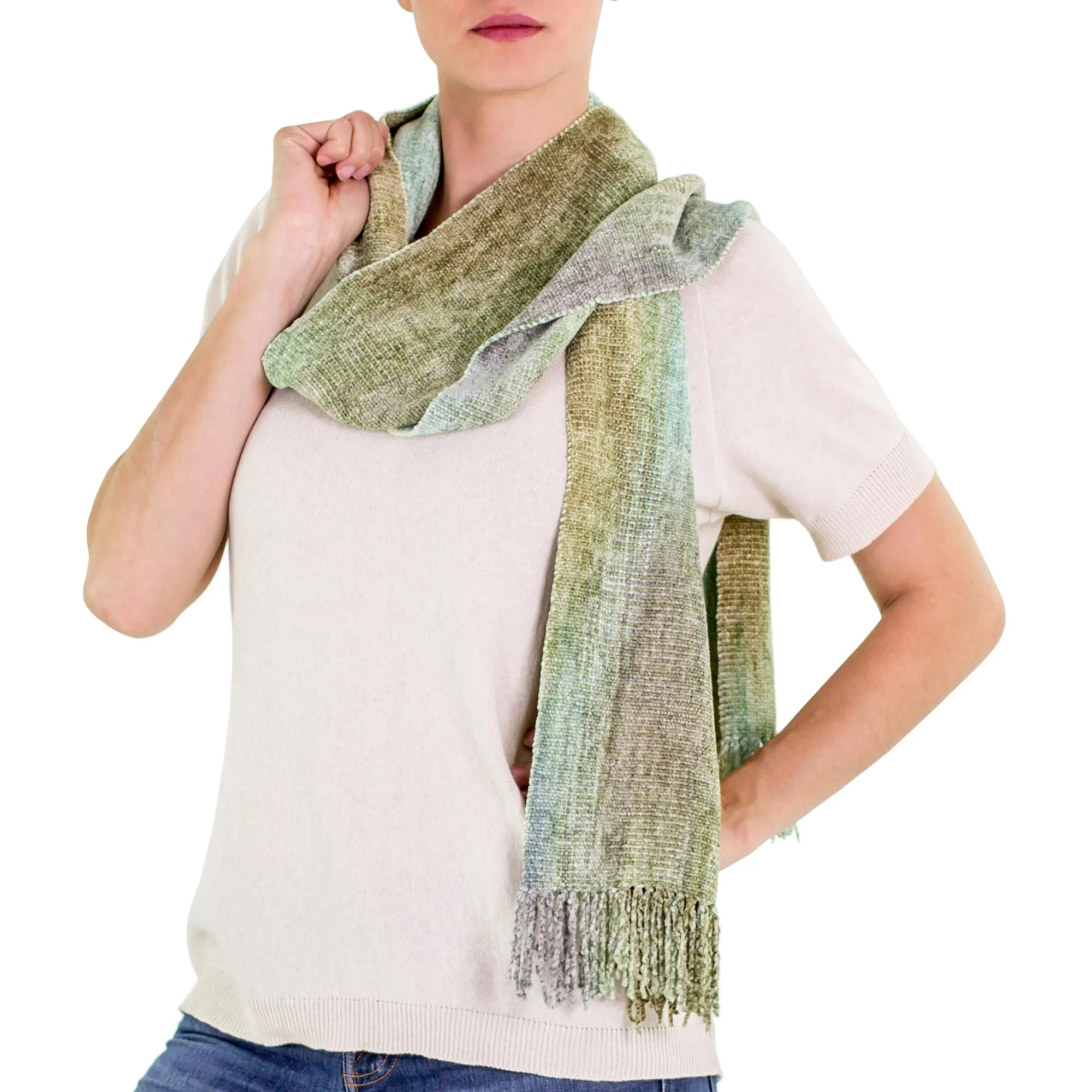 Maya Backstrap Handwoven Aqua Chenille Scarf - Aqua Mist | NOVICA