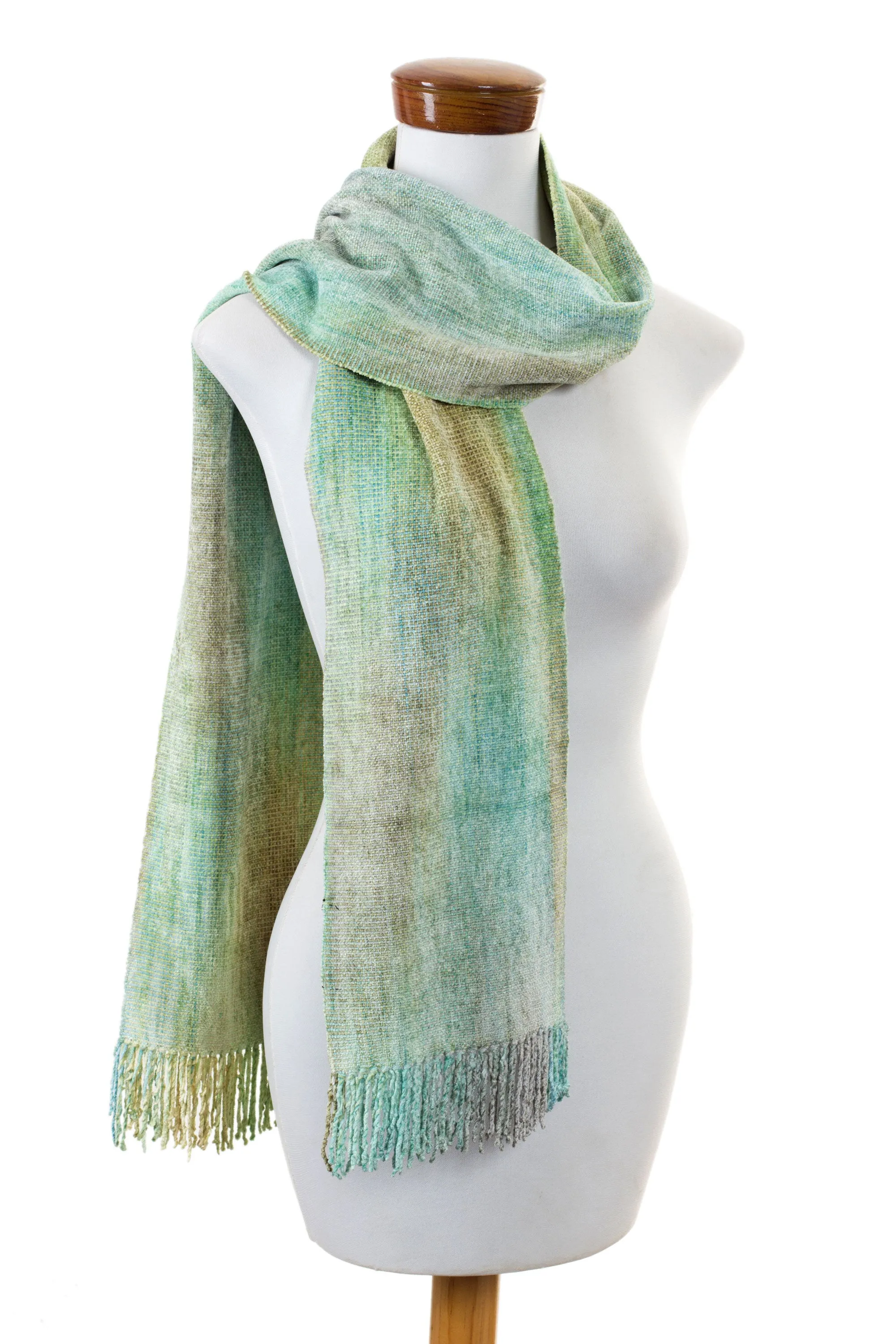 Maya Backstrap Handwoven Aqua Chenille Scarf - Aqua Mist | NOVICA