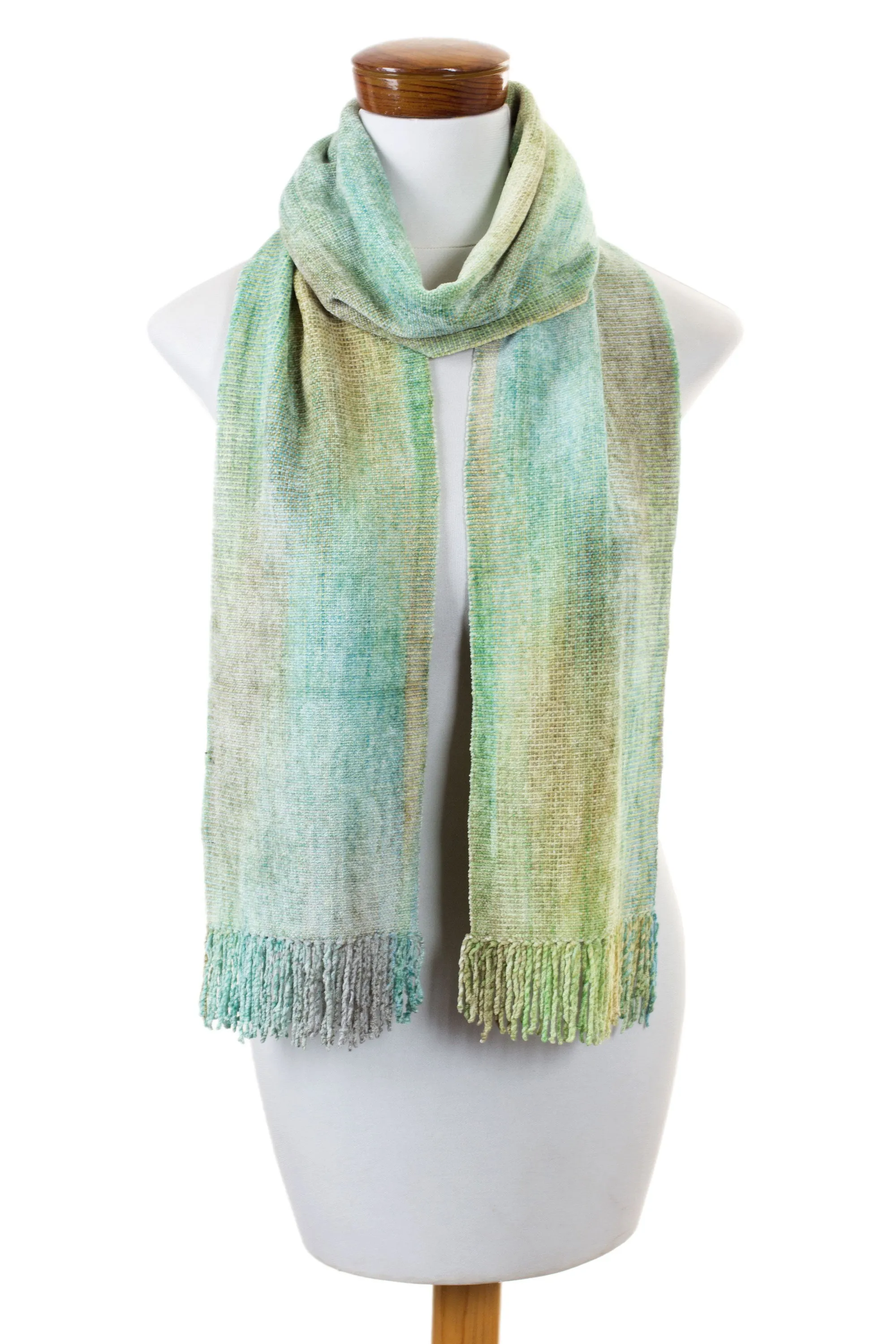 Maya Backstrap Handwoven Aqua Chenille Scarf - Aqua Mist | NOVICA