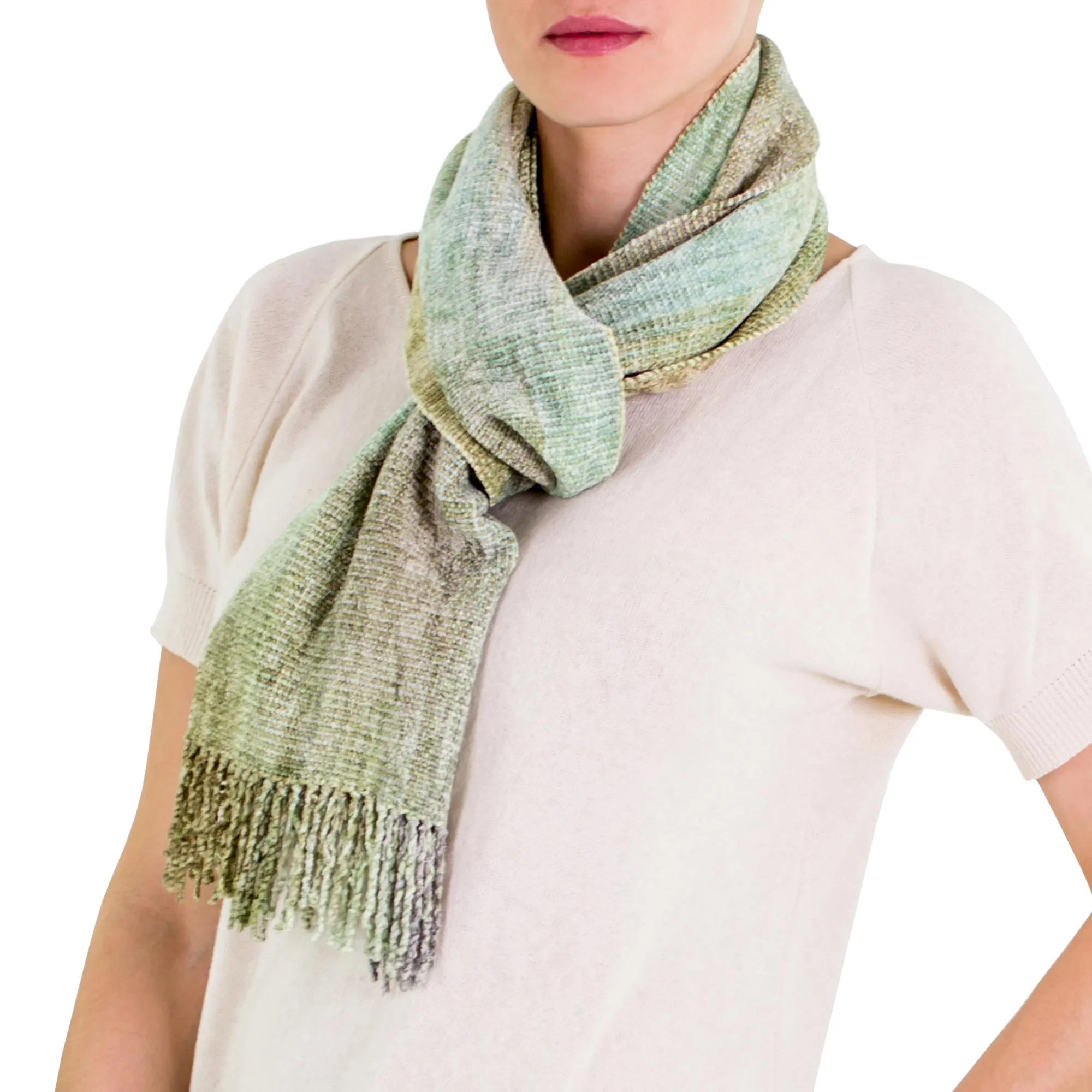 Maya Backstrap Handwoven Aqua Chenille Scarf - Aqua Mist | NOVICA