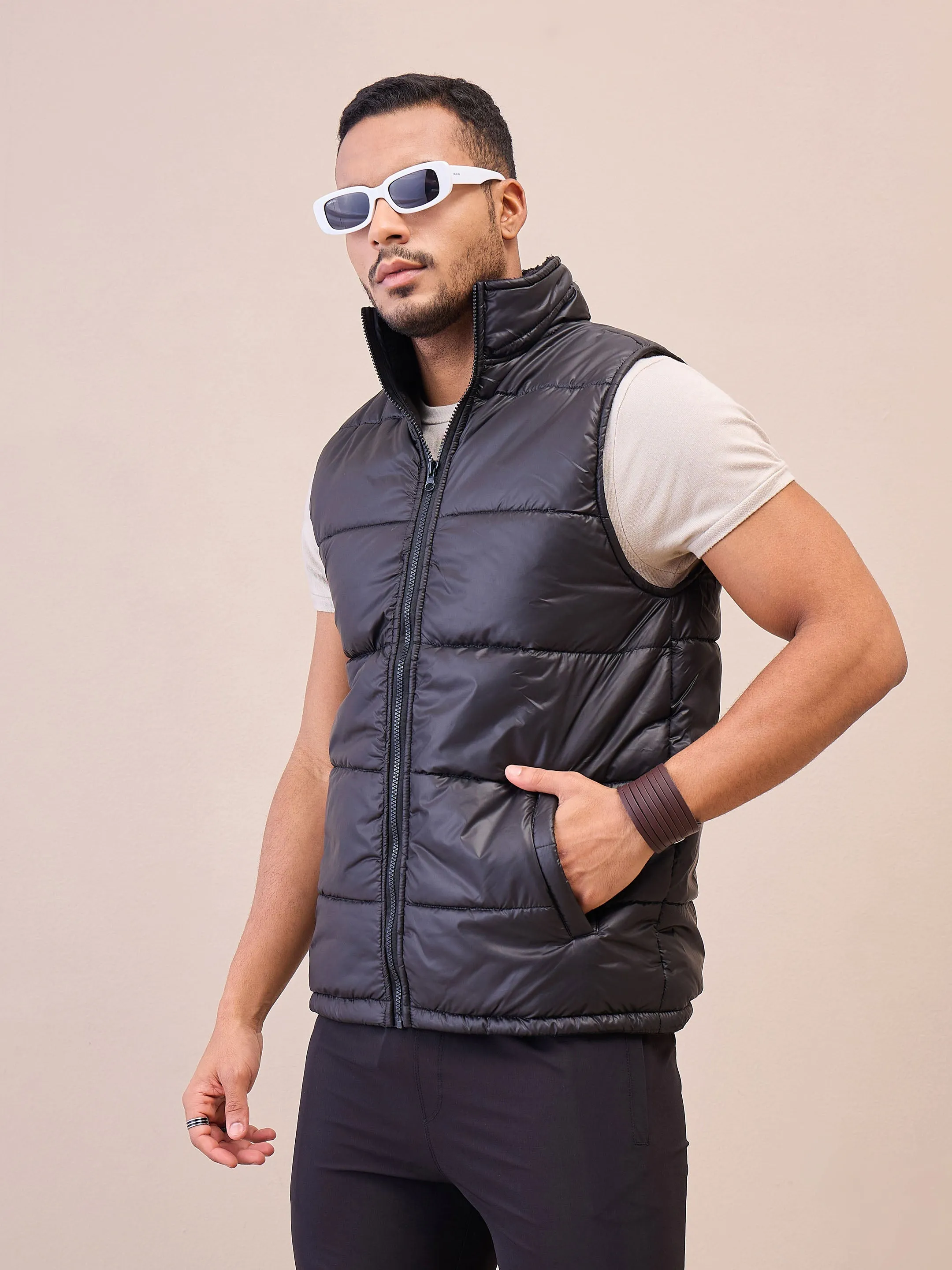 Men Black Fur Collar Puffer Sleeveless Jacket