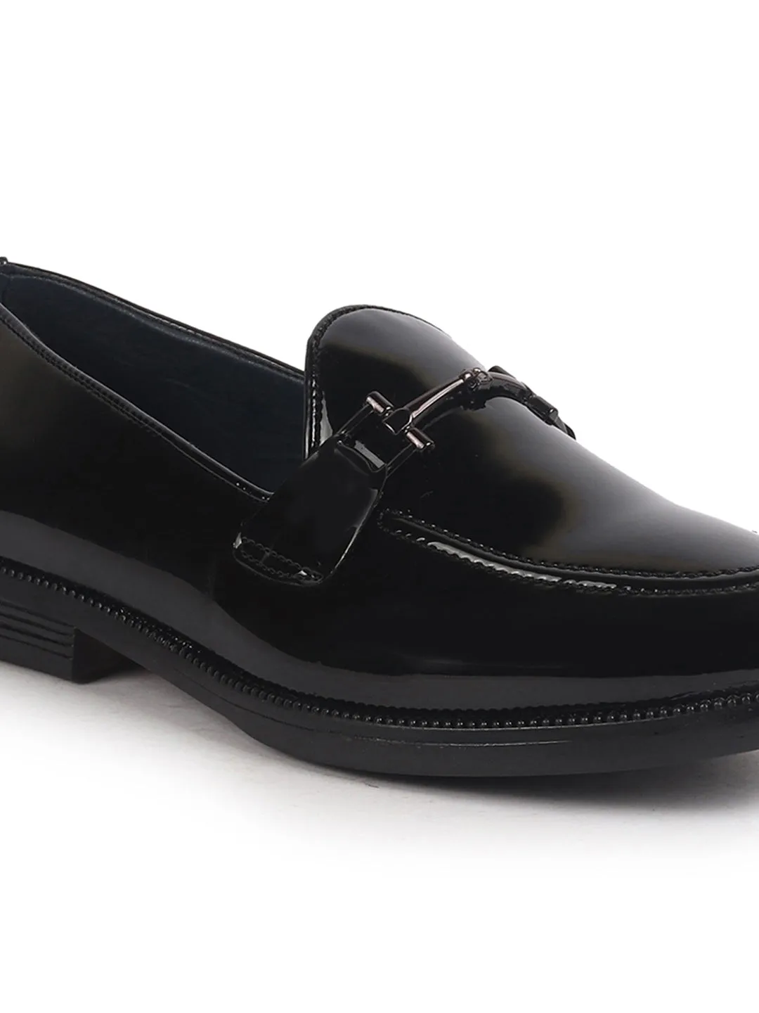 Men Black Patent Leather Horsebit Buckle TPR welted Sole Ethnic Slip On Shoes|Party Shoe|Anti Skid Sole