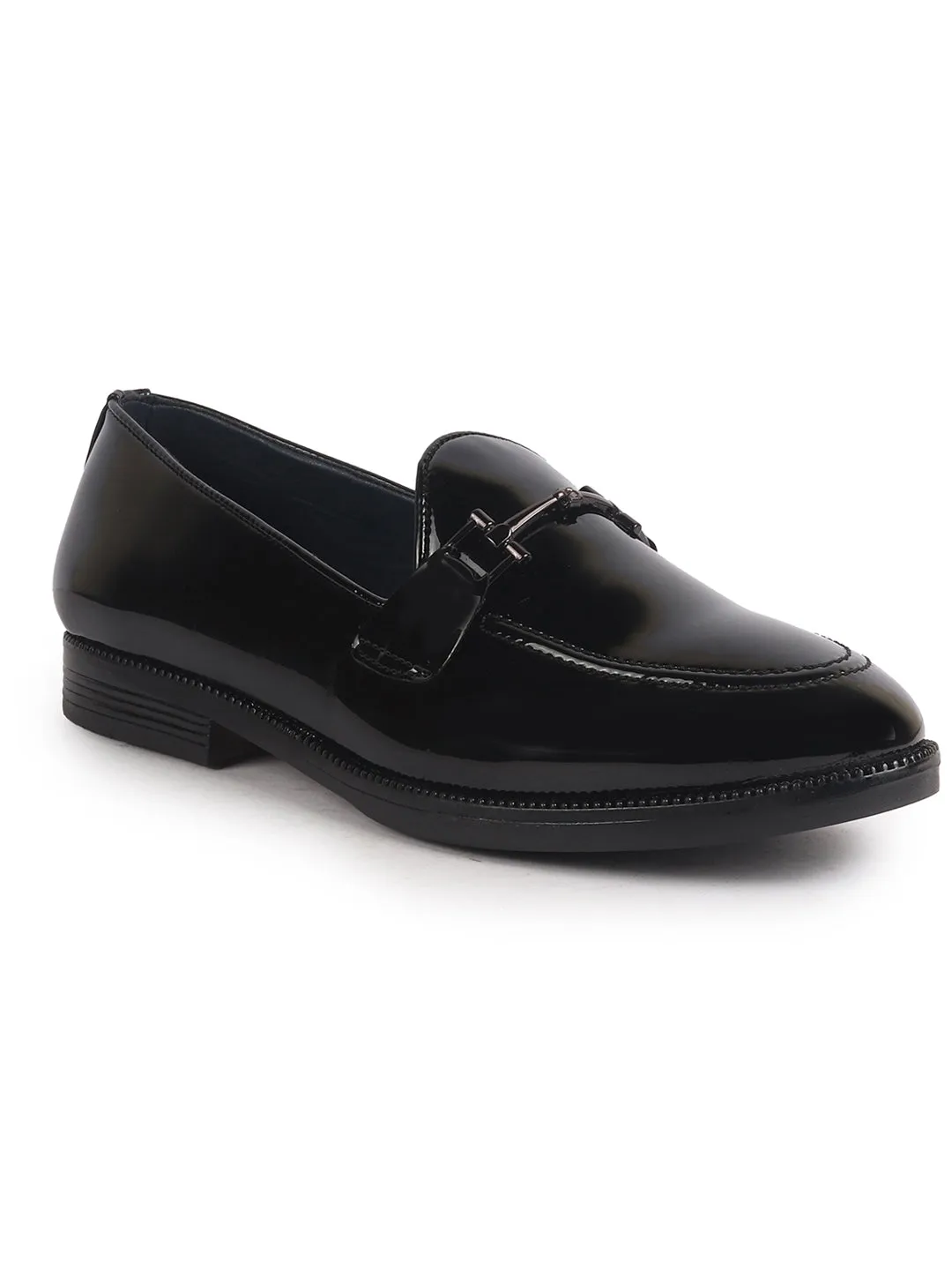 Men Black Patent Leather Horsebit Buckle TPR welted Sole Ethnic Slip On Shoes|Party Shoe|Anti Skid Sole